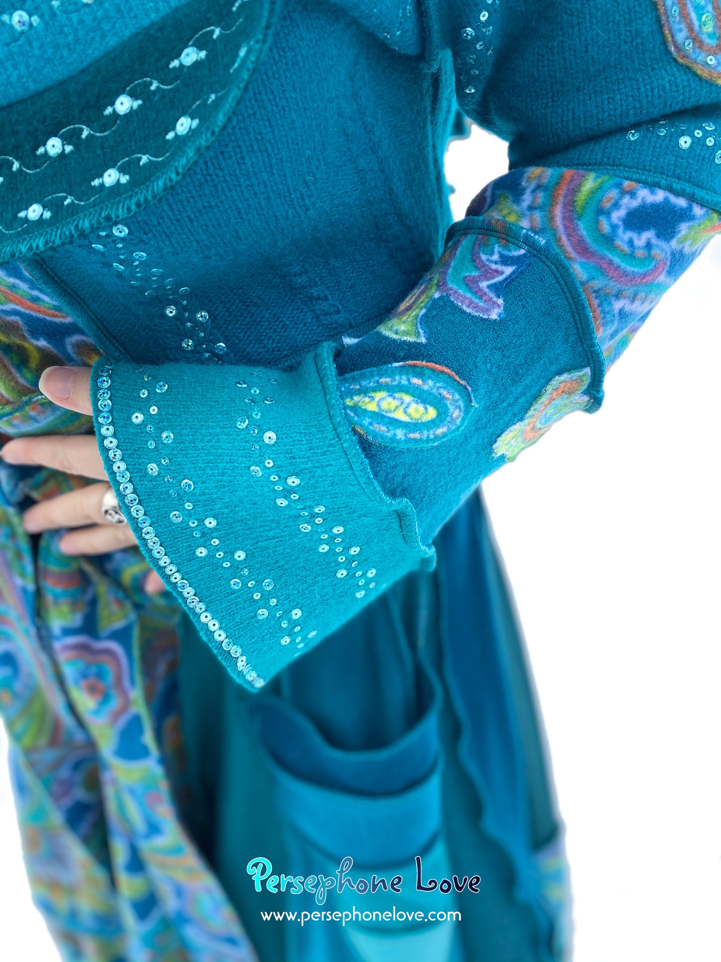 "Peacock" Teal Paisley needle-felted wool/cashmere Katwise-inspired patchwork elf sweatercoat-2520 "Peacock"