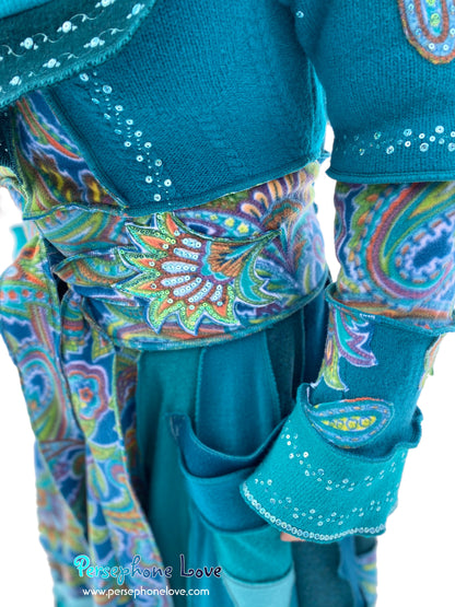 "Peacock" Teal Paisley needle-felted wool/cashmere Katwise-inspired patchwork elf sweatercoat-2520 "Peacock"