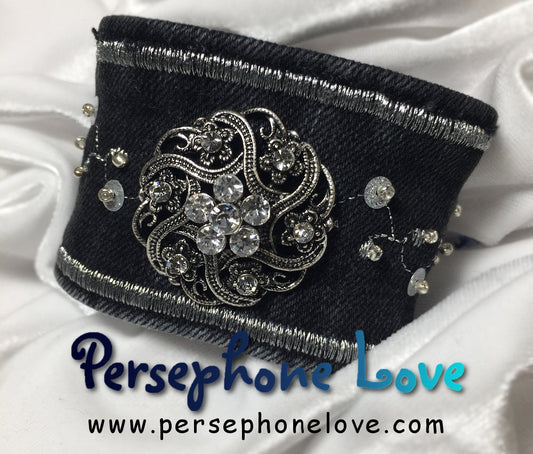 Black silver embroidered upcycled Gothic denim bracelet-1104