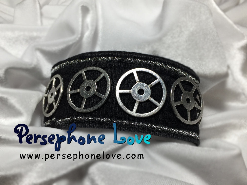 Black silver gear steampunk biker industrial upcycled denim bracelet-1203