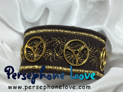 Brown gold metallic embroidered steampunk upcycled denim bracelet-1136