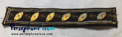 Brown gold metallic embroidered steampunk upcycled denim bracelet-1139