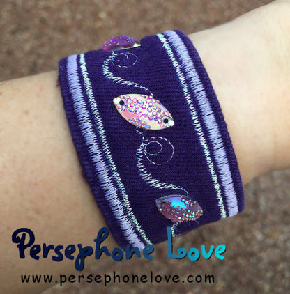 Purple, lavender and iridescent white/silver embroidered upcycled denim bracelet-1122