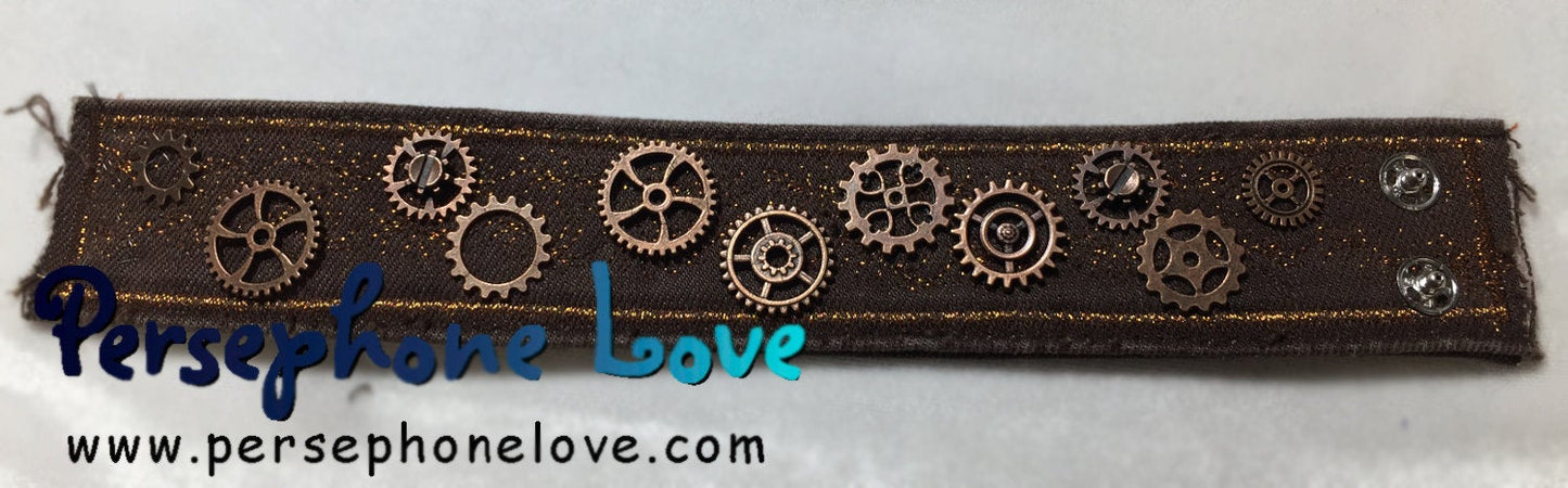 Brown copper metallic embroidered steampunk gear upcycled denim bracelet-1148