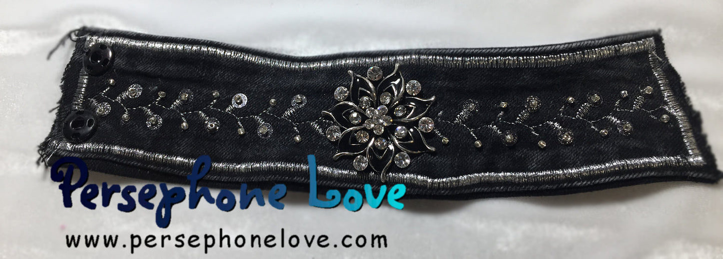 Black silver embroidered upcycled Gothic denim rhinestone bracelet-1113