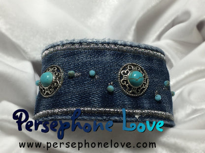 Blue, pewter turquoise embroidered upcycled denim bracelet-1119