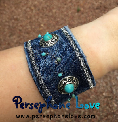 Blue, pewter turquoise embroidered upcycled denim bracelet-1119