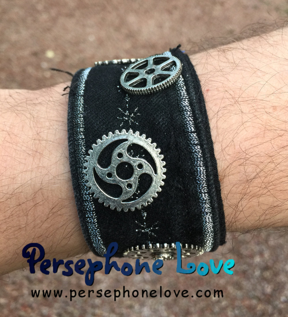 Black silver gear steampunk biker industrial upcycled denim bracelet-1146