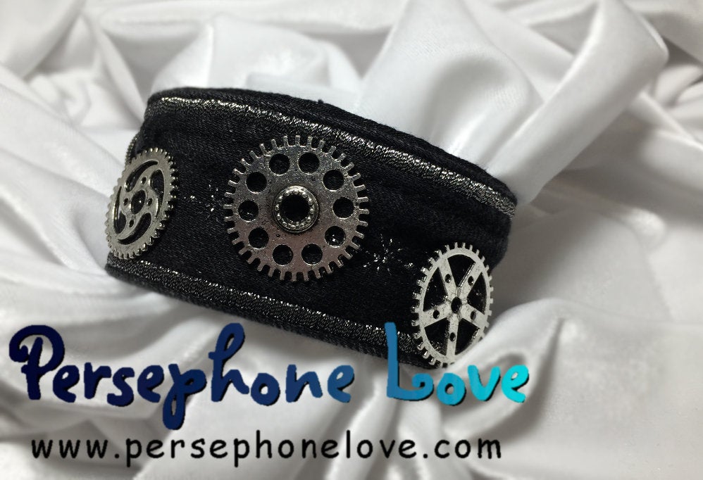 Black silver gear steampunk biker industrial upcycled denim bracelet-1146