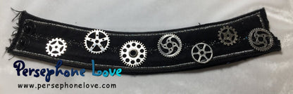 Black silver gear steampunk biker industrial upcycled denim bracelet-1146