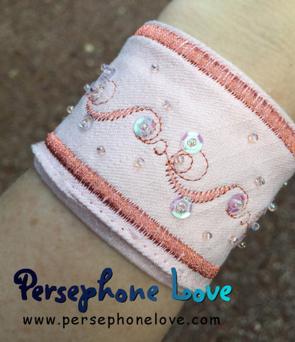 Peach embroidered beaded upcycled  denim bracelet-1133
