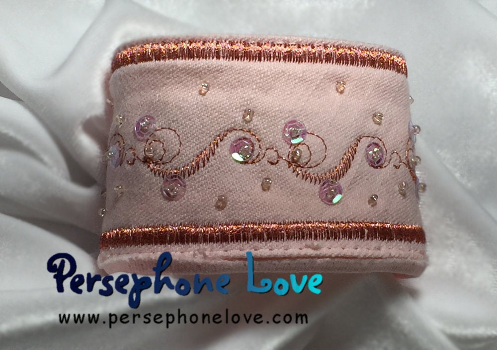 Peach embroidered beaded upcycled  denim bracelet-1133