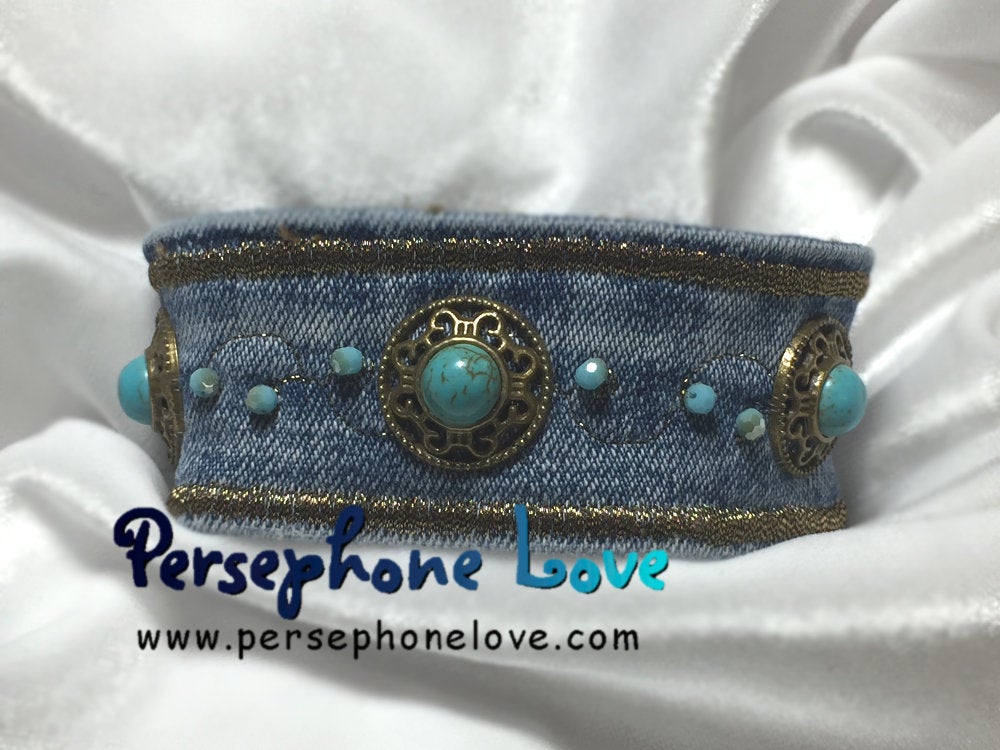 Blue gold turquoise  beaded/embroidered upcycled denim bracelet-1120