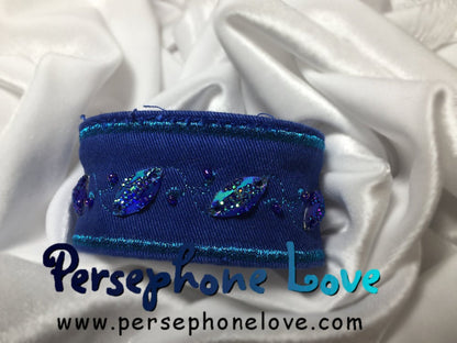 Blue turquoise embroidered upcycled denim bracelet-1101