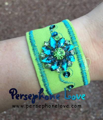 Lime green teal embroidered upcycled denim bracelet rhinestone - SMALL-1125