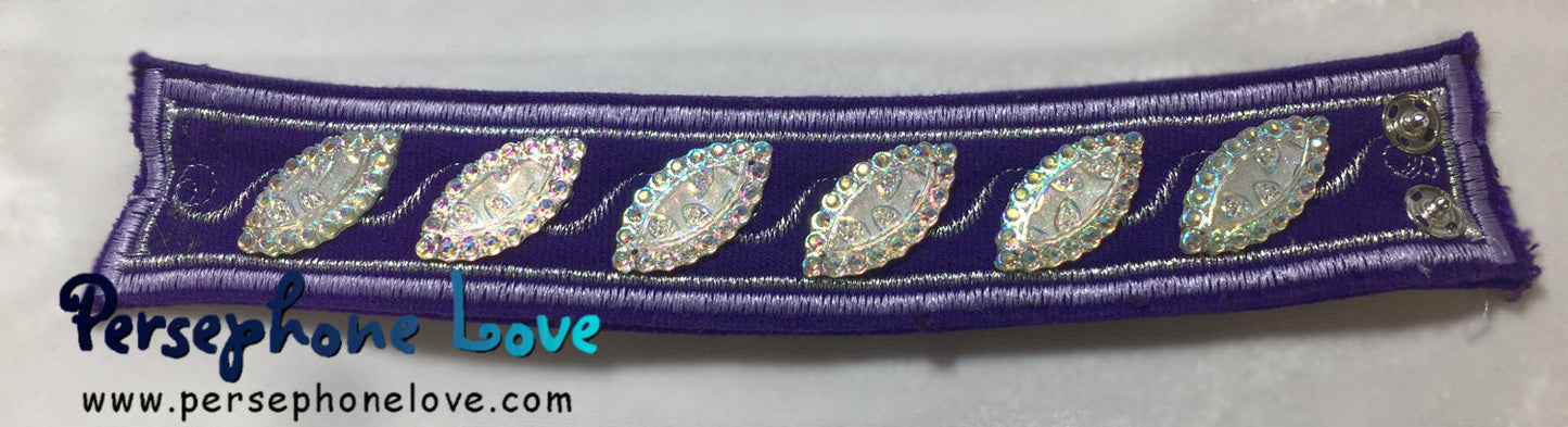 Purple, lavender and iridescent white/silver embroidered upcycled denim bracelet-1117