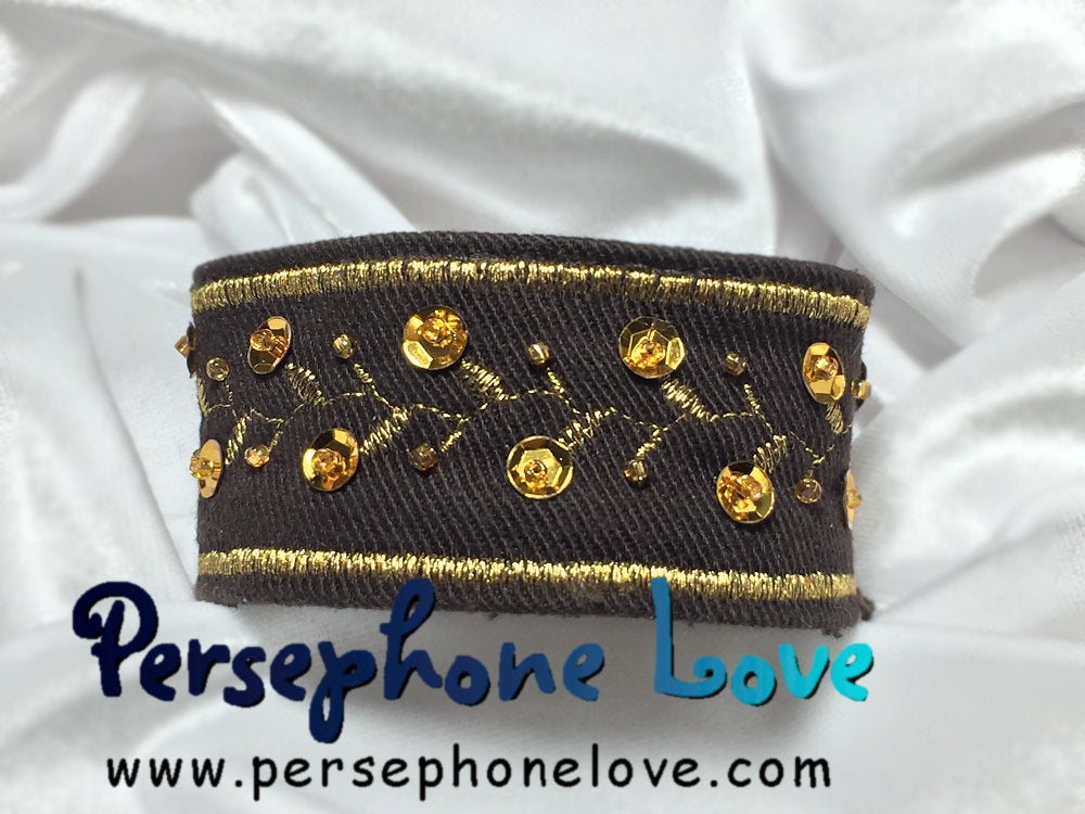 TWO Brown gold metallic embroidered upcycled denim cuff bracelets-1110