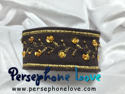 TWO Brown gold metallic embroidered upcycled denim cuff bracelets-1110