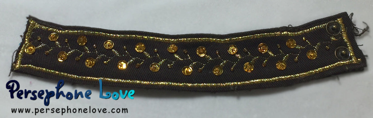 TWO Brown gold metallic embroidered upcycled denim cuff bracelets-1110