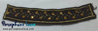 TWO Brown gold metallic embroidered upcycled denim cuff bracelets-1110