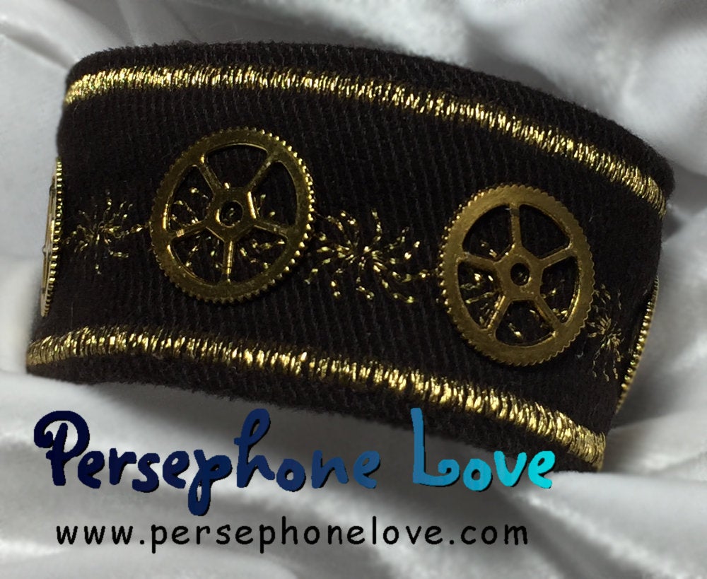 TWO Brown gold metallic embroidered steampunk gear upcycled denim cuff bracelets-1115