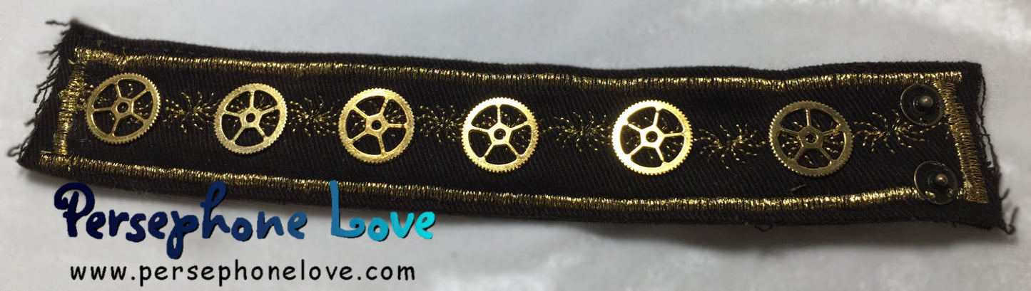 TWO Brown gold metallic embroidered steampunk gear upcycled denim cuff bracelets-1115