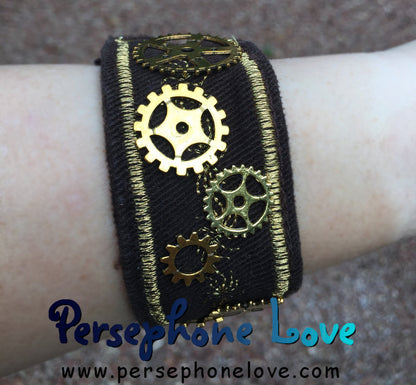 Brown gold metallic embroidered steampunk gear upcycled denim bracelet-1116