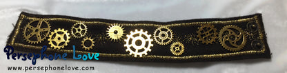 Brown gold metallic embroidered steampunk gear upcycled denim bracelet-1116
