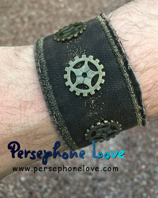 Brown antique gold metallic embroidered steampunk gear upcycled denim bracelet-1147