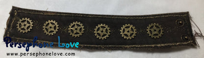 Brown antique gold metallic embroidered steampunk gear upcycled denim bracelet-1147