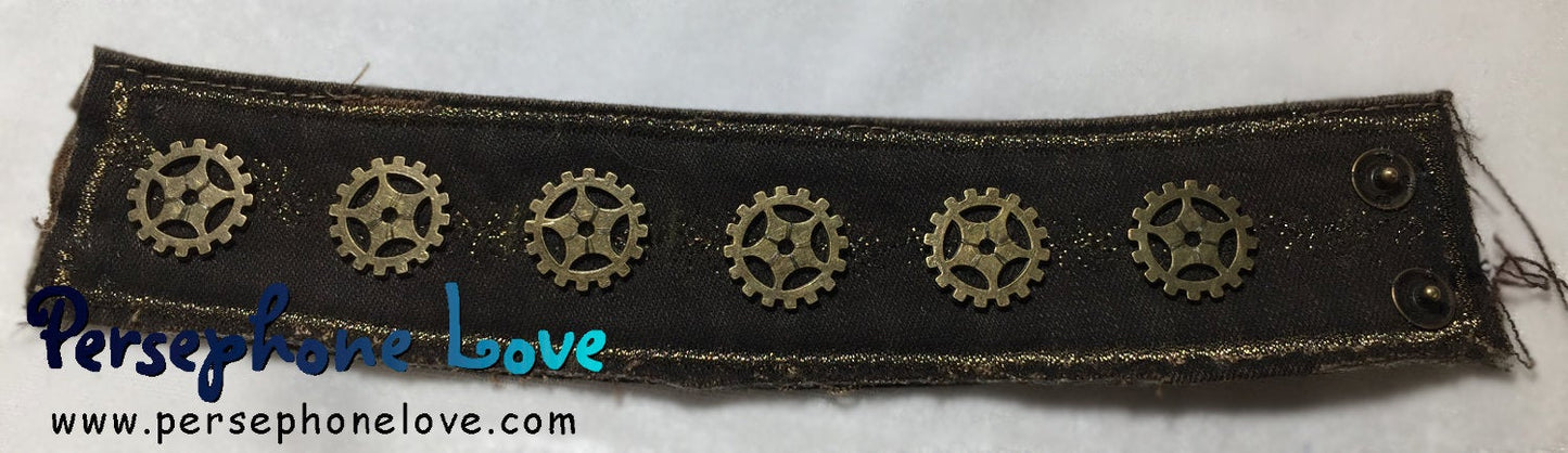 Brown antique gold metallic embroidered steampunk gear upcycled denim bracelet-1147