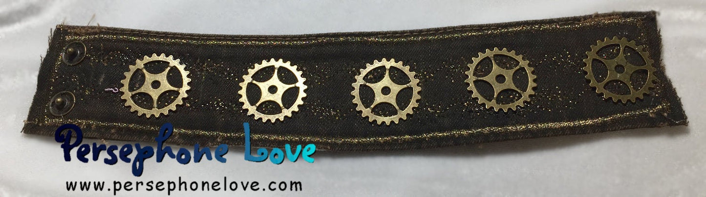 Brown antique gold metallic embroidered steampunk gear upcycled denim bracelet-1145