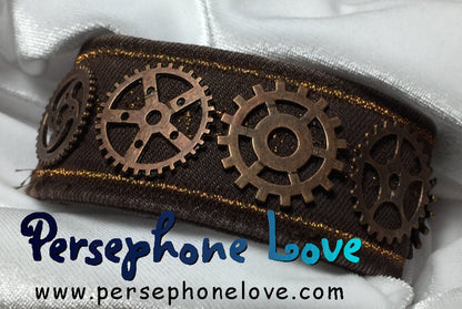 Brown copper metallic embroidered steampunk gear upcycled denim bracelet-1152