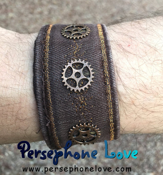 Brown copper metallic embroidered steampunk gear upcycled denim bracelet-1166