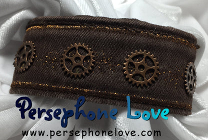 Brown copper metallic embroidered steampunk gear upcycled denim bracelet-1166