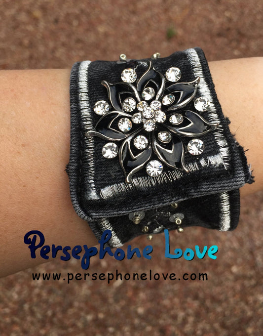 Black silver embroidered upcycled Gothic denim rhinestone bracelet-1108