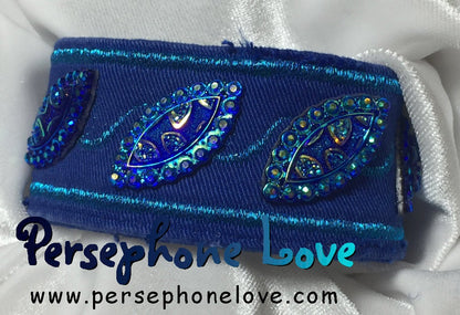 Blue turquoise embroidered upcycled denim bracelet-1102