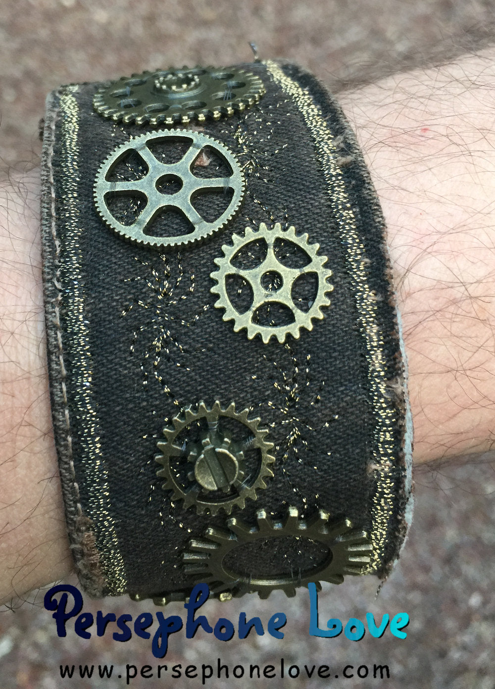 Brown antique gold metallic embroidered steampunk gear upcycled denim  bracelet-1114
