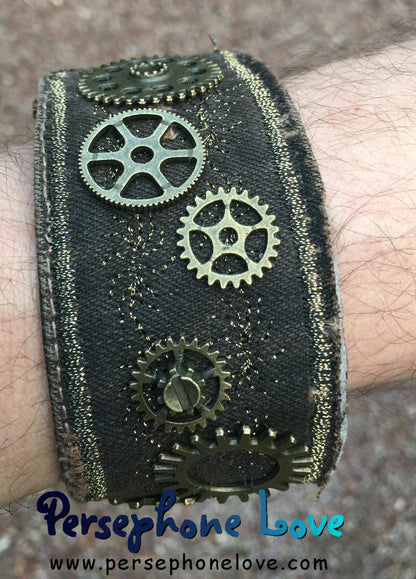 Brown antique gold metallic embroidered steampunk gear upcycled denim  bracelet-1114