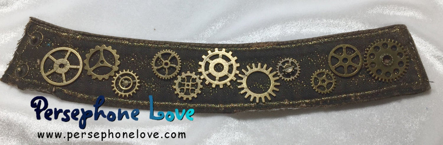 Brown antique gold metallic embroidered steampunk gear upcycled denim  bracelet-1114