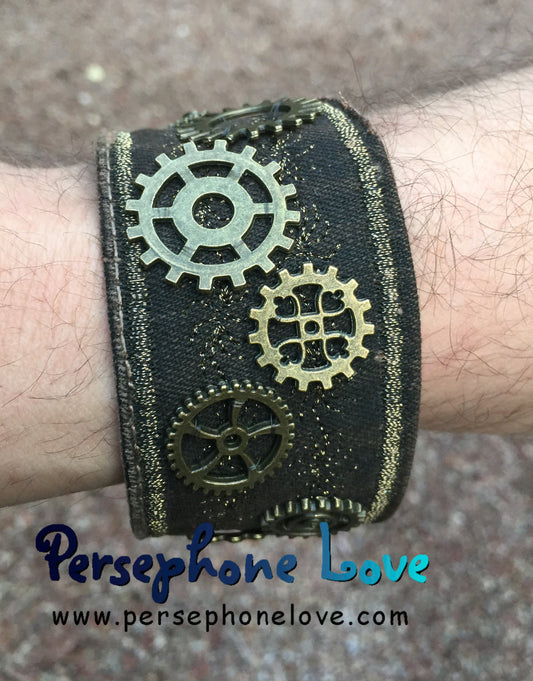 Brown antique gold metallic embroidered steampunk gear upcycled denim  bracelet-1114