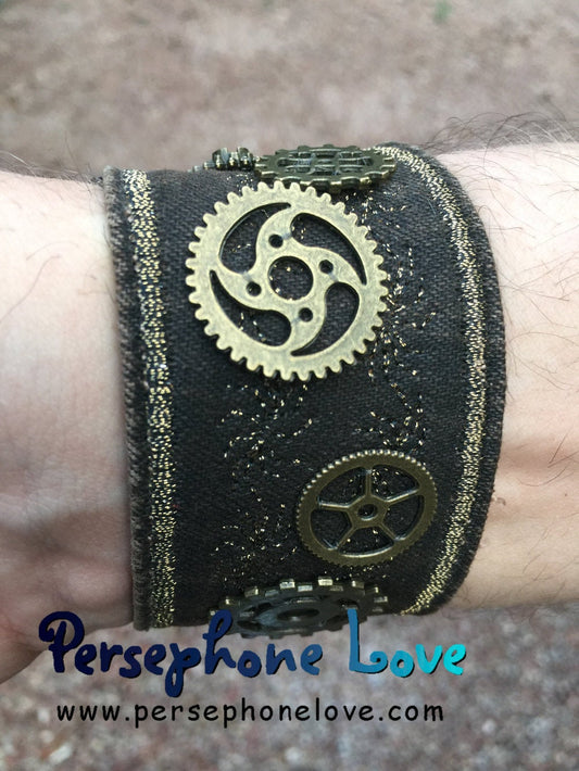 Brown antique gold metallic embroidered steampunk gear upcycled denim bracelet-1150