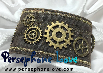 Brown antique gold metallic embroidered steampunk gear upcycled denim bracelet-1150