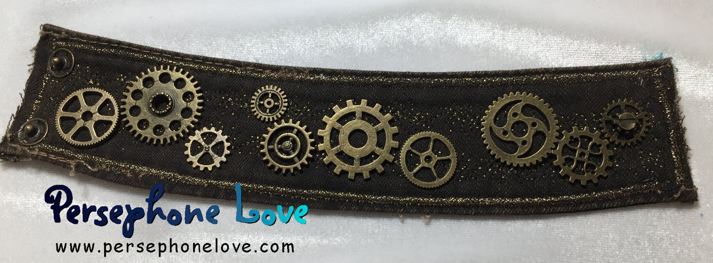 Brown antique gold metallic embroidered steampunk gear upcycled denim bracelet-1150