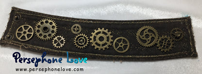 Brown antique gold metallic embroidered steampunk gear upcycled denim bracelet-1150