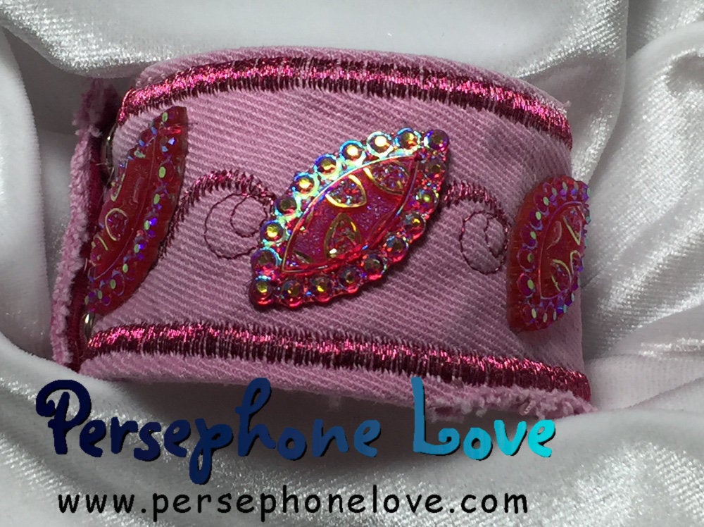 Pink embroidered beaded upcycled denim bracelet-1141
