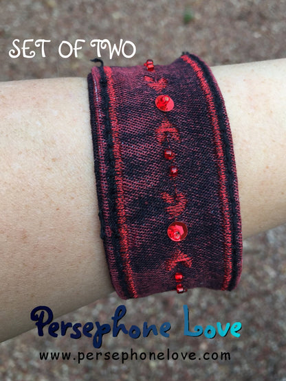 TWO Red Black embroidered beaded upcycled denim bracelets