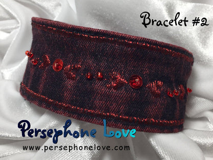 TWO Red Black embroidered beaded upcycled denim bracelets
