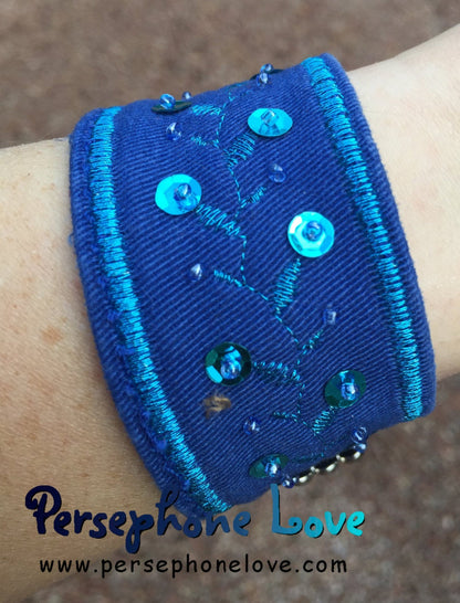 Blue embroidered beaded upcycled denim bracelet-1130
