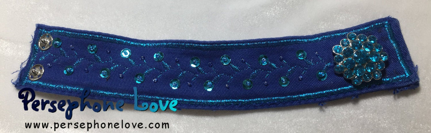 Blue embroidered beaded upcycled denim bracelet-1130